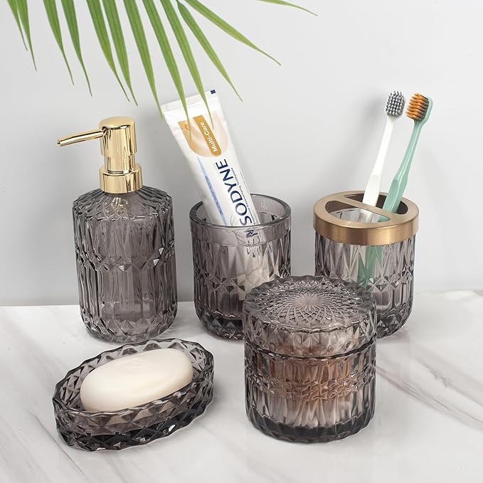 IVAILEX 5PCS Grey Glass Bathroom Accessories Sets of Lotion Dispenser, Soap Dish, Toothbrush Holder, Tumbler, Cotton Swab Jars, Modern Bath Decor, Vintage Gift