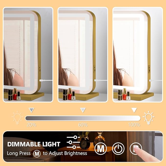 Ratsamee Vanity Mirror with Lights, Led Makeup Mirror, Lighted Makeup Mirror with 3 Color Dimmable Lights, Smart Touch Screen Control, Aluminum Metal Frame,USB Charging Port