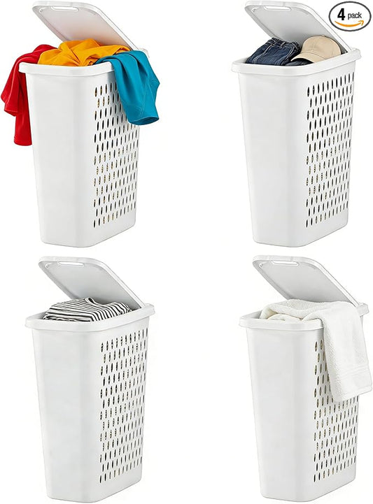 4-Pack Slim & Tall Heavy-Duty Plastic Laundry Hamper with Lift-top and Reinforced Handles for Easy Clothes Transport, 1.75 Bushels Capacity,Suitable for Dorm,Laundryroom,Bathroom,Bedroom Closets,White