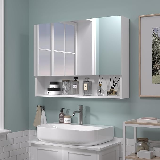Bathroom Cabinet with Mirror, Wall Cabinet with 2 Mirrored Doors, Adjustable Shelf, Open Compartment, Wall-Mounted, 24x32 Inches, White (Assembly Required)