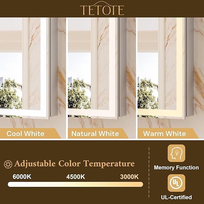TETOTE 36 x 32 Medicine Cabinet with Lights, Adjustable Shelves, Silver Aluminum Cabinet, Anti-Fog Stepless Dimmable 3 Colors White/Warm/Natural, Easy to Install(Wall Mount/Recessed)