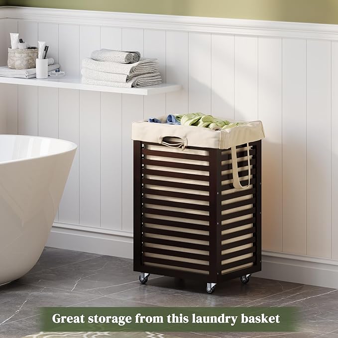 Laundry Hamper with Wheels, Laundry Basket with Liner, 85L Large bamboo Laundry Clothes Laundry Hamper, Liner with Handles, Dirty Clothes Storage Cart For Laundry Room, Dorm, Bedroom, Bathroom(Coffee)
