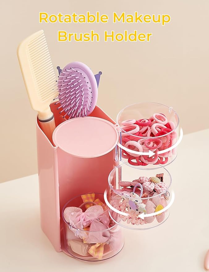 Hair Accessories Organizer with Hair Brush Holder, 3 Drawer Rotatable Hair Tie Organizer for Makeup Brushes, Hair Clips, Earrings, Necklaces, Bracelets and Hair Accessories, Pink, 3-Layer