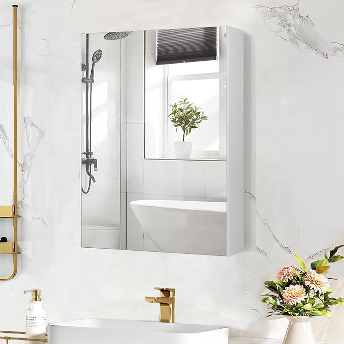 24 x 32 Inch Medicine Cabinet Mirror,Bathroom Mirror Cabinet with Adjustable Shelves,Aluminum Silver Medicine Cabinets for Bathroom,Recessed or Wall Mounted Medicine Cabinets