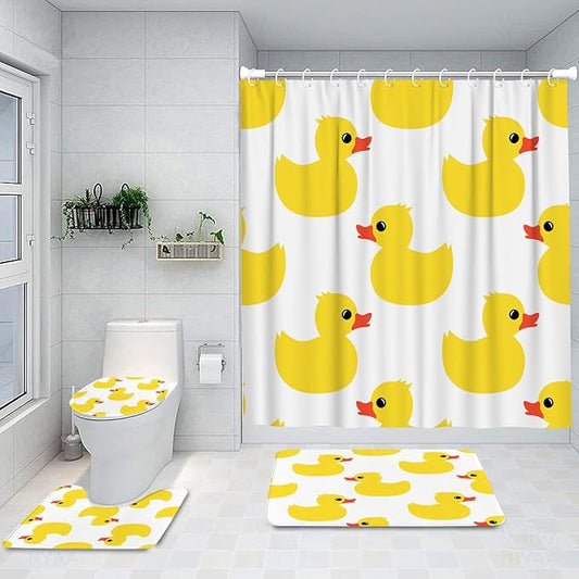 Ansouyi 4Pcs Bathroom Shower Curtain Sets with Non-Slip Rugs, Toilet Lid Cover and Bath Mat, Yellow Cartoon Duck on White Durable Waterproof Shower Curtain for Bathroom Set, 72x72 Inch