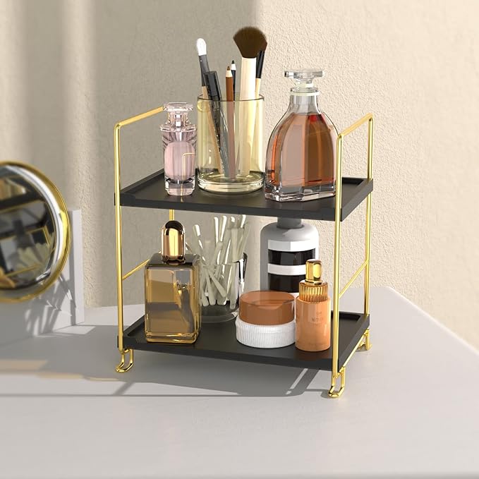 2-Tier Spice Rack Bathroom Organizer Countertop Storage Shelf, Cosmetic Storage Rack Standing Counter Shelf (Gold + Black)