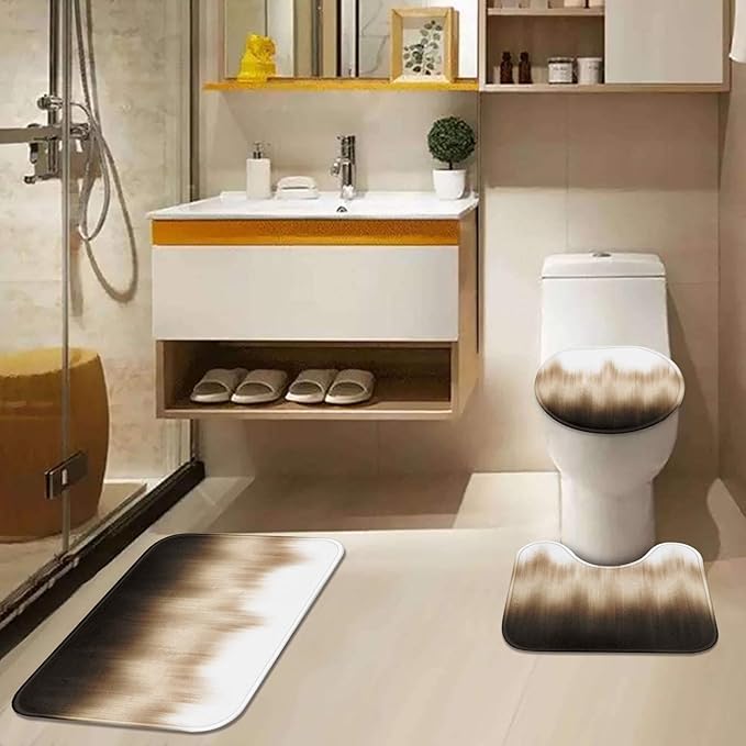 Brown Ombre Shower Curtain Set with Toilet Lid Cover and Non-Slip Rugs for Bathroom, Gradient Modern Simple Abstract Vintage 4 Pcs Shower Curtain, Bathroom Set with with 12 Hooks