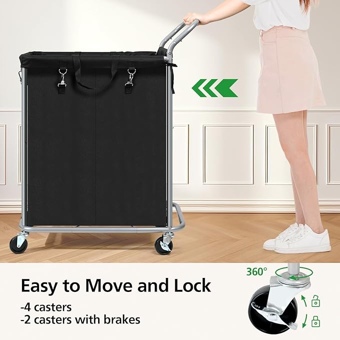 Laundry Hamper 2 Section, Rolling Laundry Basket with Wheels, Laundry Cart with Removable Liner, 37 Gallons (140L) Clothes Hamper, Blanket Dirty Clothes Basket Steel Frame with Handle(Black)