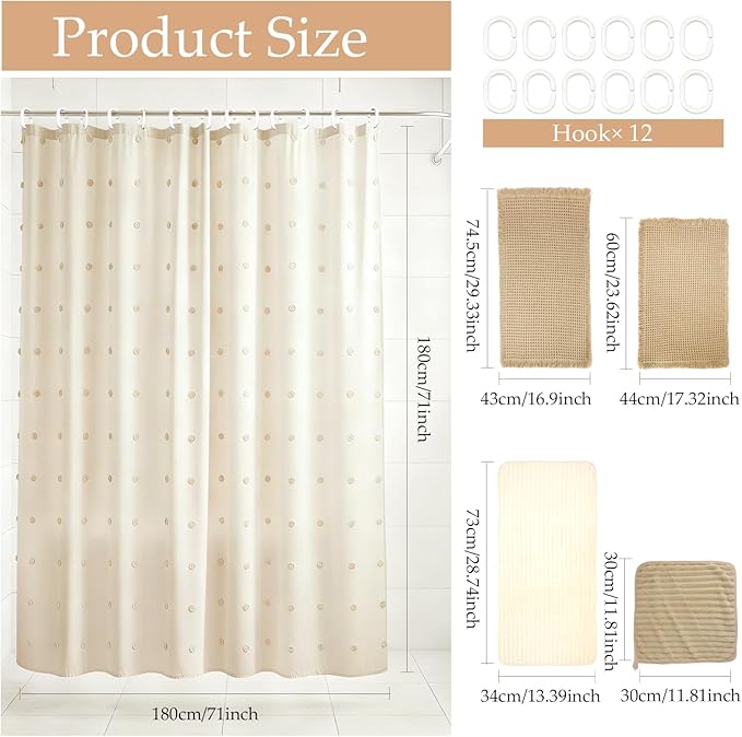 5 Pcs Boho Farmhouse Bathroom Shower Curtain Set Non Slip Waterproof Neutral Shower Curtain with Towel Cream, Waffle Bath Mat 12 Hooks for Bathroom Decoration, 71 x 71 Inch