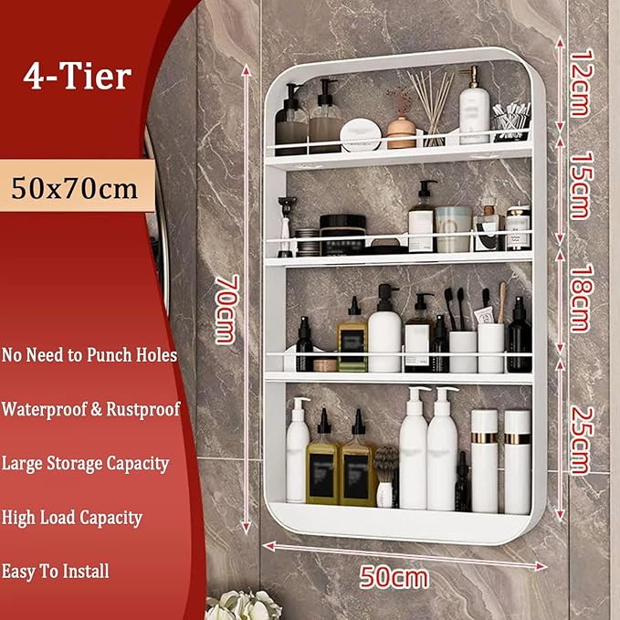 Wall Mount Organizer Floating Bathroom Shelves No Drill Adhesive Makeup Storage Rack Hang Decorative Over The Toilet Shelf(White,50x70cm)