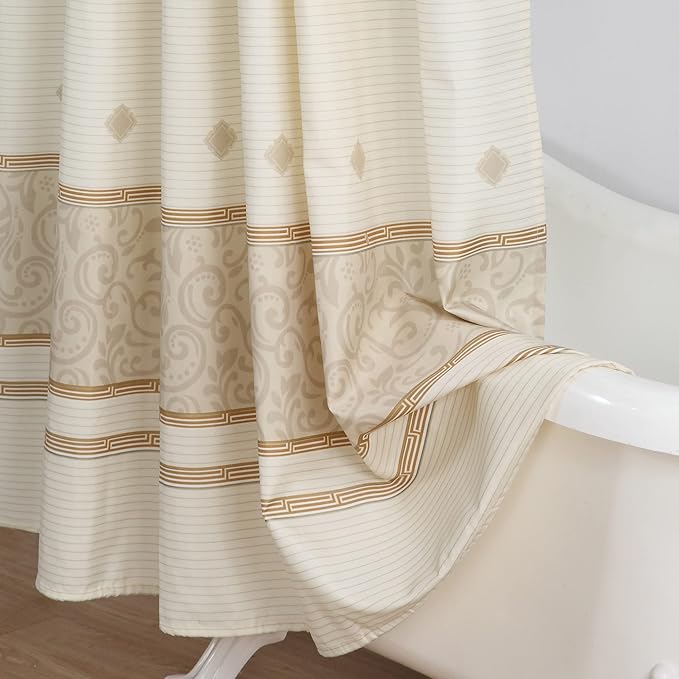 Long Fabric Shower Curtain, Beige Stripe and Taupe Damask Print Shower Curtains for Bathroom, Waterproof Bathroom Curtains, 72" W x 78" H