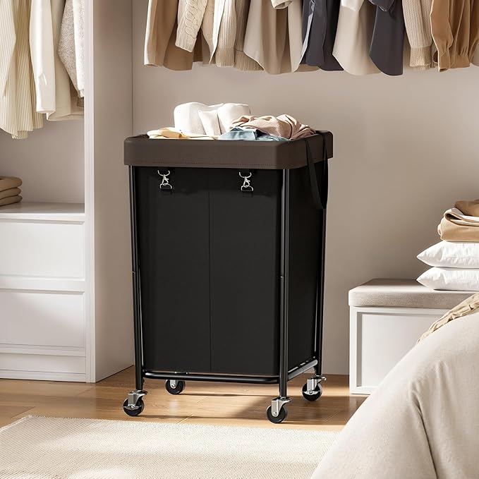 Chrislley 160L Laundry Hamper with Wheels, 2 Section Large Laundry Basket with Removable Bag, Steel Frame Dirty Clothes Hamper, Rolling Laundry Cart for Bedroom, Bathroom, Dorm, Hotel, Black