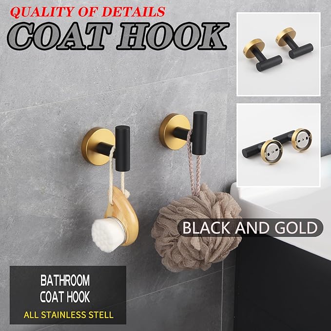 GERZWY Bathroom 3-Pieces Hardware Accessories Sets Stainless Steel - 2X Coat Hook Toilet Paper Holder (Black & Gold) AG1401B-BD