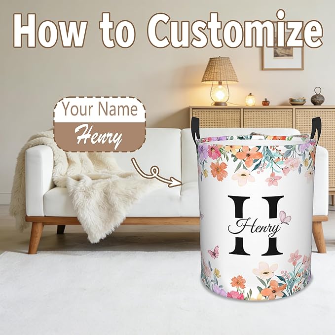 Custom Name Laundry Basket, Personalized Collapsible Laundry Hamper with Name for Bathroom Bedrooms, Customized Dirty Clothes Hamper Storage Basket Gifts for Kids Boys Girls Baby Men Women