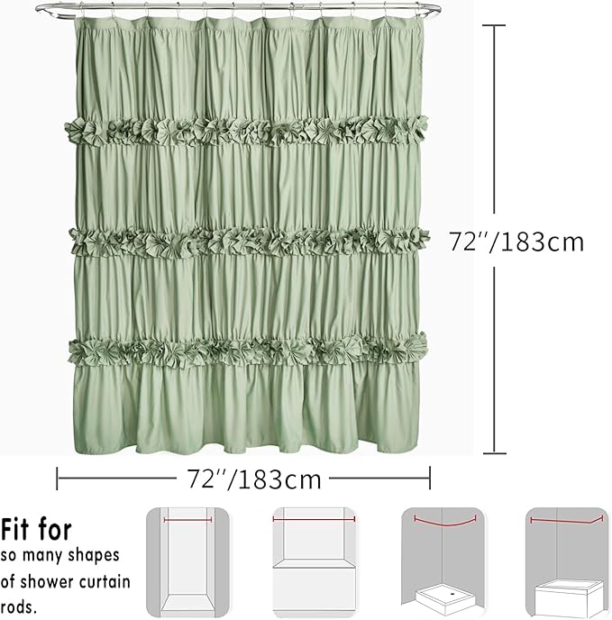 Sage Ruffle Shower Curtain, Vintage Handcrafted Bow Tie Bath Curtain for Master Bathroom, Ruched Microfiber Bathroom Curtain with 12 Buttonholes, 72" W x 72" H (LQ-10)