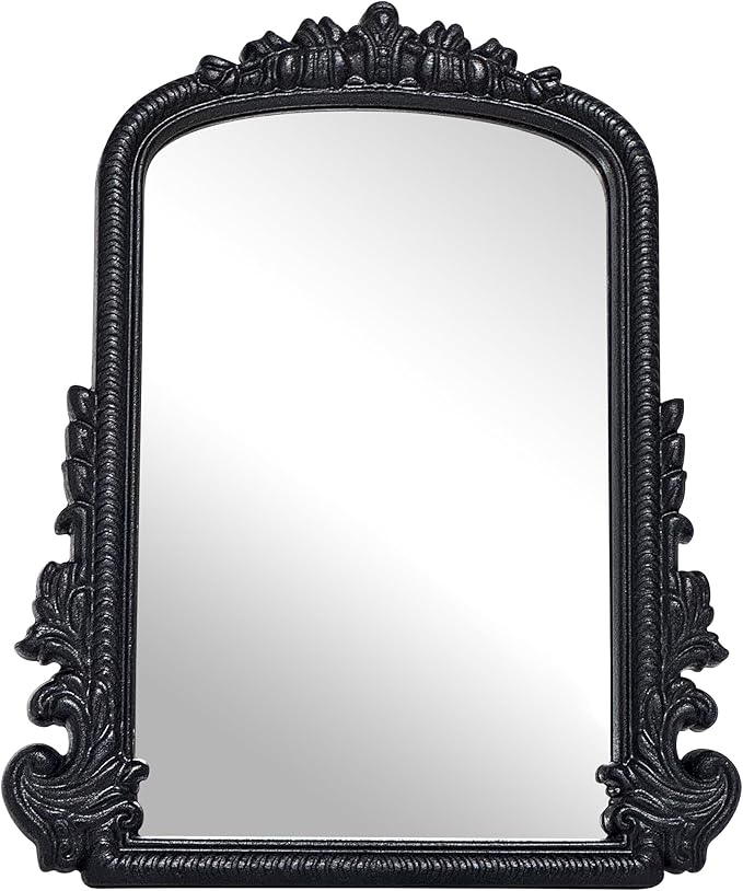 Vintage Vanity Makeup Mirror, Black Arched Tabletop Mirror for Makeup and Room Decor, Antique Decorative Standing Mirror with Carved Frame, Desk Mirror for Bedroom, Living Room, Dresser 11.8"x9.6"