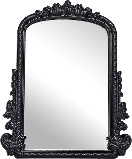 Vintage Vanity Makeup Mirror, Black Arched Tabletop Mirror for Makeup and Room Decor, Antique Decorative Standing Mirror with Carved Frame, Desk Mirror for Bedroom, Living Room, Dresser 11.8"x9.6"