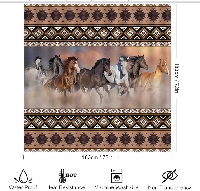 Rustic Aztec Horse 4 Pieces Shower Curtain Set,Boho Abstract Tribal Farmhouse Western Desert Horse Non-Slip Rugs Toilet Lid Cover Bath Mat and Bathroom Curtain