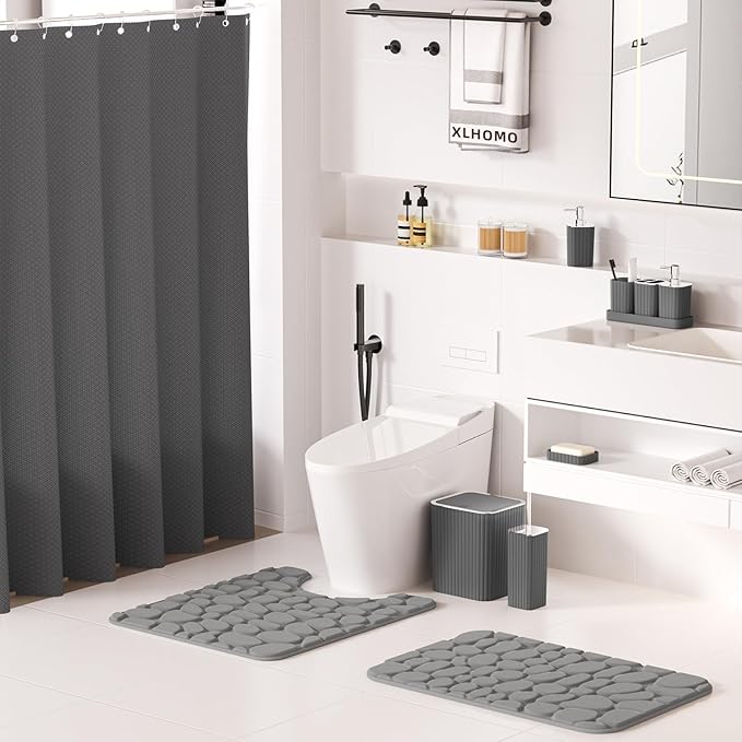 XLHOMO Bathroom Accessories Set- 25PC Grey Bathroom Set, Bathroom Set with Shower Curtain and Rugs, Shower Curtain Set, Toilet Brush, Trash Can, Qtip Holder Dispenser & Soap Dispenser
