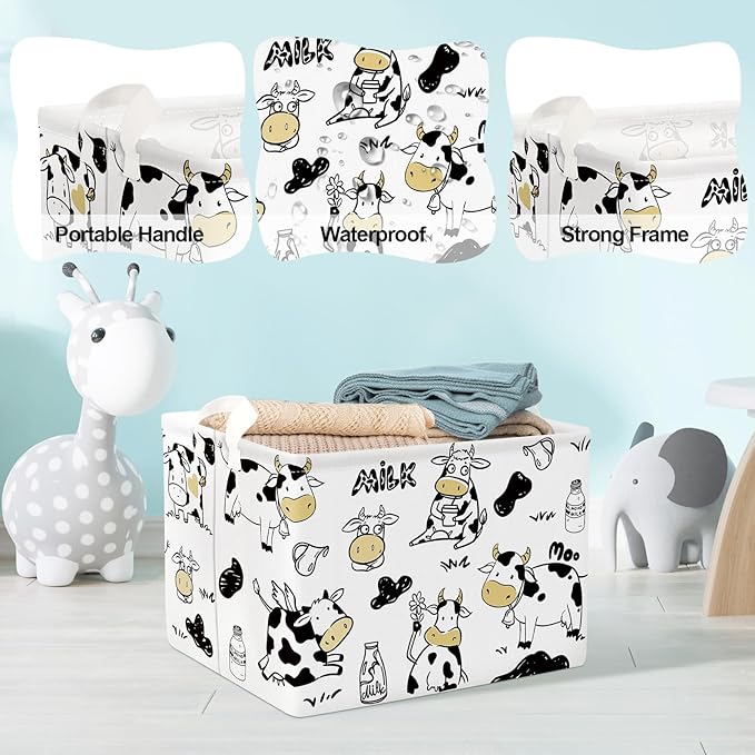 Clastyle Cute Cow Baby Storage Basket for Kids Room Nursery Collapsible Rectangle Clothes Toy Bin Book Shelf Basket