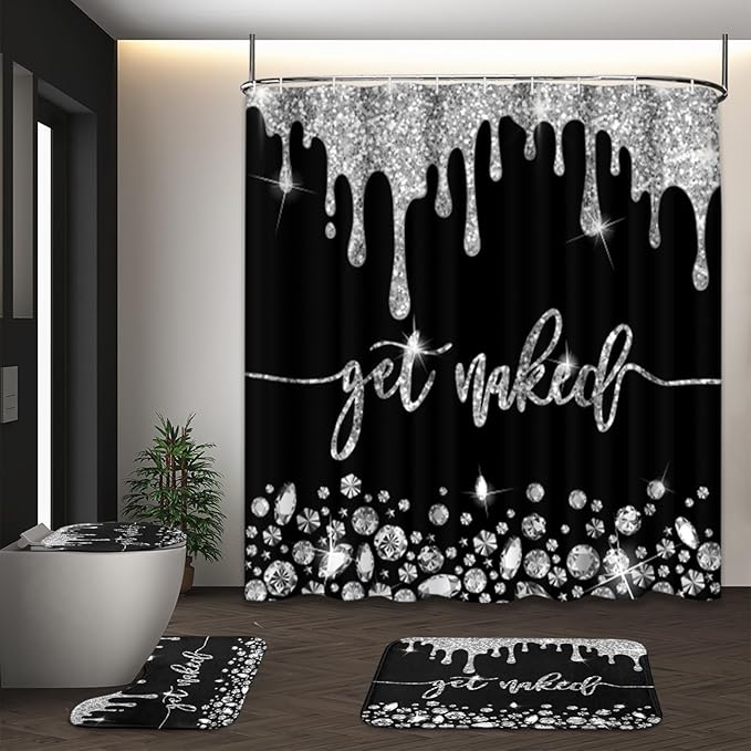 ArtSocket 4PC Silver Get Naked Shower Curtain Sets Diamond Bathroom Decor with Rugs, Non-Slip Rug,Toilet Lid Cover, Bath Mat and 12 Hooks 72x72 inches