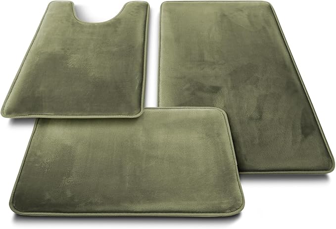 Clara Clark 3 Piece Bathroom Rugs Bath Mat Set, Velvet Memory Foam Bath Mats for Bathroom - Non-Slip, PVC Backing Bath Rugs, Washable - Dries Quickly, Green
