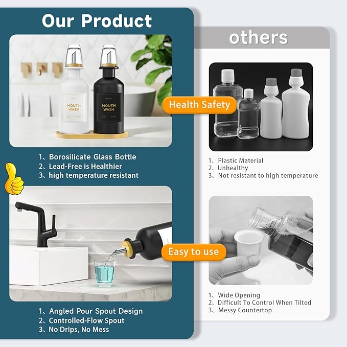 2PCS Glass Mouthwash Dispenser for Bathroom Countertop – 14oz/410ml Refillable Mouthwash Bottle with Glass Cup & Bamboo Tray, Modern Bathroom Decor for Home, Office, Airbnb (White & Black)