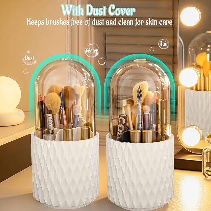 VNIMTI 360??Smooth Rotating Makeup Brush Holder with Dustproof Lid Spinning Vanity Organizer for Beauty Lipstick Perfume,Brushes Storage Container,Countertop,Dressing Table,Bathroom Desk (White)