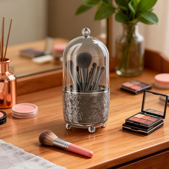 Makeup Brush Holder with Lid, Cosmetic Tools Organizer with Cover, 360?? Rotating Sliding Opening Dustproof Brushes Container for Vanity, Ideal Gift for Girlfriend Wife Friends (Gray)