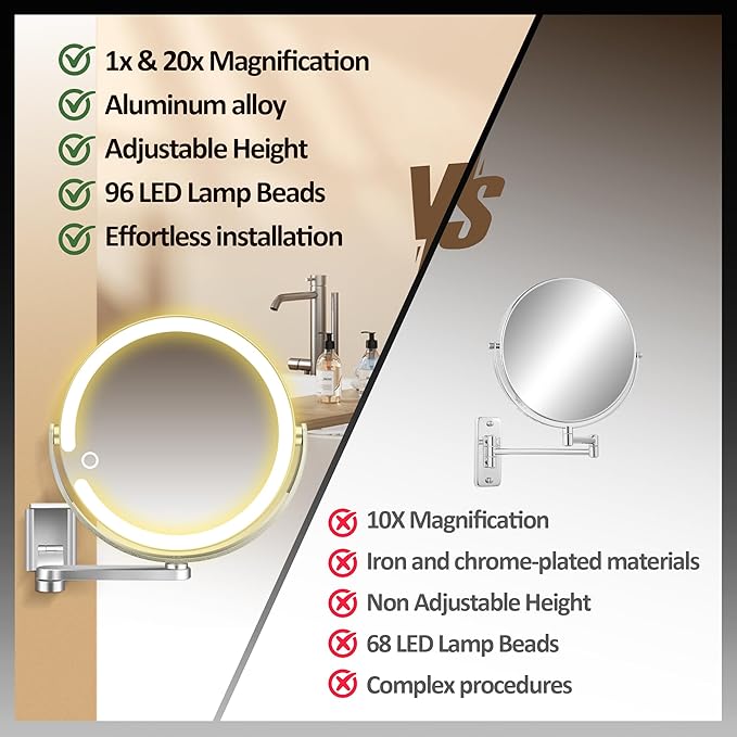 MOMOKUBA Wall Mounted Makeup Mirror, Aluminum Alloy Magnifying Mirror with Light 20X/1X Double-Sided, Height Adjustable, 3 Colors Led Vanity Mirror with Lights, Moisture & Corrosion Resistant Bathroom