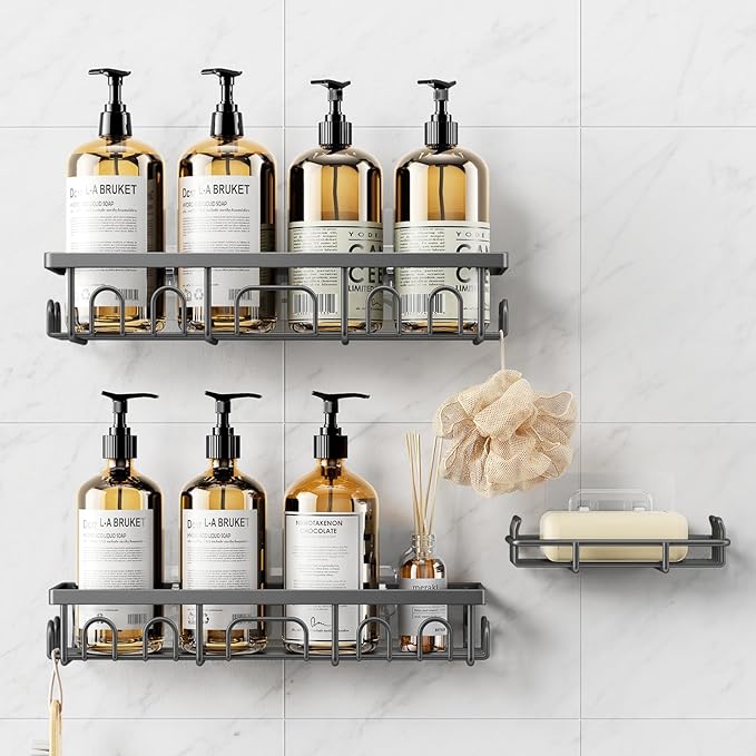Shower Caddy, 3 Pack Shower Shelves for Inside Bathroom, Rustproof Adhesive Bathroom Organizer with Soap Holder, No Drilling Washroom Organizers and Storage for Bathtub Room/Kitchen/Home, Grey