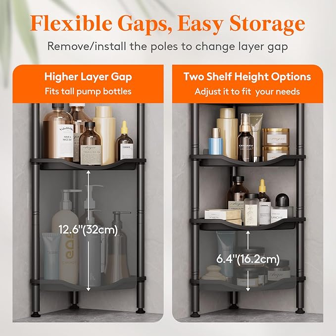 Lifewit Floor Standing Shower Caddy Corner, 5 Tier Plastic Shower Stand Rack with Adjustable Feet and Hooks, Rustproof Bathroom Shelf Organizer, Black，34 x 24 x 139 cm/13 x 9.5 x 55 inch