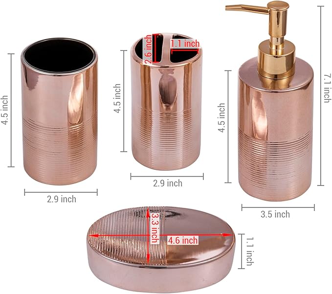 MyGift 4 Pcs Ceramic Bathroom Accessories Set, Toothbrush Holder with Lotion Soap Dispenser, Soap Dish, Tumbler, Pink Bathroom Set for Girl, Rose Gold Bathroom Decor