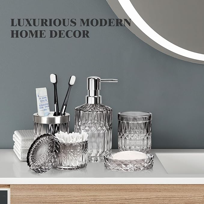Bathroom Accessories Set, 5Pcs Bathroom Soap Dispenser Set, Glass Bathroom Accessories with Glass Soap Dispenser, Soap Dish, Toothbrush Holder, Tumbler, Cotton Swab Jar (Gradient Black & Clear)