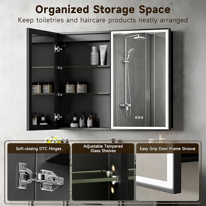 24X30 Inches Framed Medicine Cabinet with Lights, Bathroom Medicine Cabinet with 3-Color/Dimmable, Anti-Fog, Plug-in & Hardwired, Surface Mount & Recessed