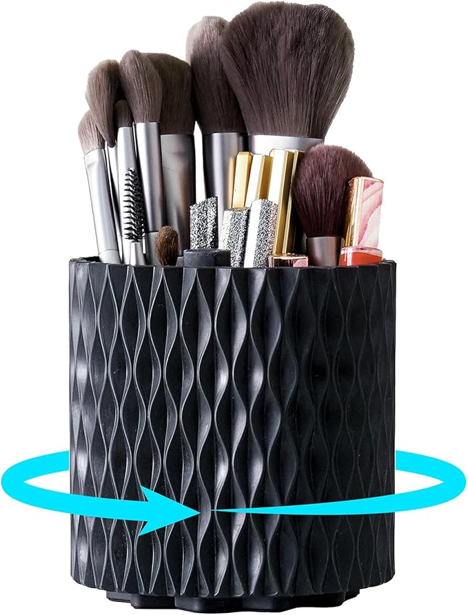 Makeup Brush Holder Organizer, 360?? Rotating 5-Slot Make up Brushes Cup for Cosmetic, Lipstick, Hair Brush Holder - Spinning Vanity Countertop Caddy for Bathroom, Dorm & Office, Black