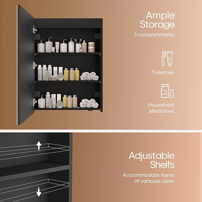 28x20 inch LED Lighted Medicine Cabinet with Mirror, Moisture-Resistant Wood, Stepless Dimmable, 3000K/5500K, Defogger, Adjustable Shelf, Flat-Pack Design – Assembly Required, Black