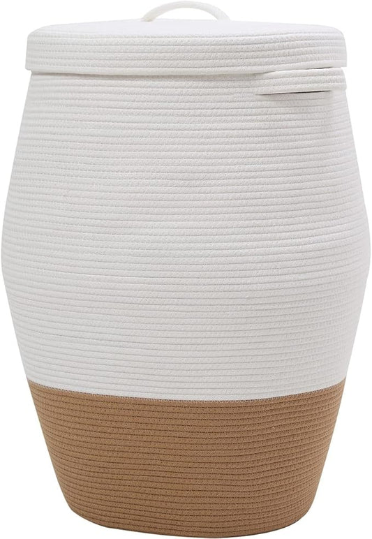 26"x20" Handcrafted Tall Cotton Rope Basket with Lid, Stylish Flagon Shape with Cover, Clothes Hamper with Top, for Bedroom and Living Room, White/Camel Bottom