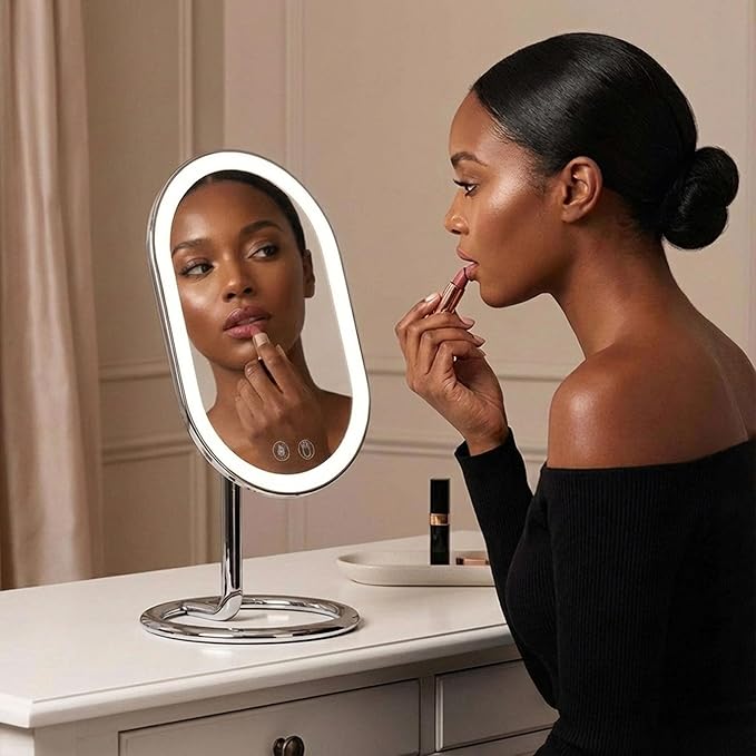 Fancii Vera LED Lighted Vanity Makeup Mirror, Rechargeable - Cordless Illuminated Cosmetic Mirror with 3 Dimmable Light Settings, Dual Magnification (Chrome)