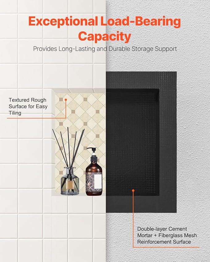 VEVOR Shower Niche,16-Inch Width x 16-Inch Height x 3.5-Inch Depth Single Shelf Organizer,Wall-Inserted Niche Recessed Sealed Protection Modern Soap Storage for Shower Bathroom,Black