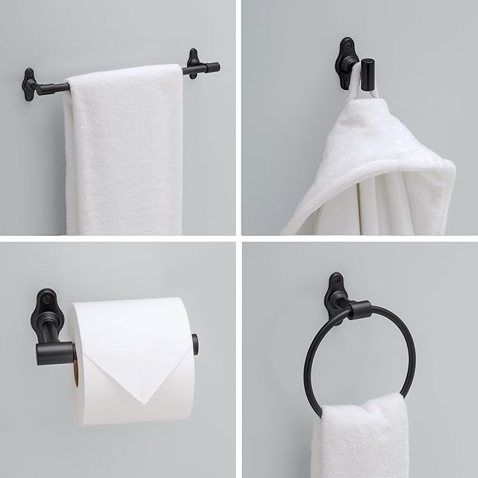 Franklin Brass Calloway 4-Piece Bathroom Set Matte Black 18" + 6" Towel Rack, Toilet Paper Holder, Hand Towel Holder, Hook | 4-Piece Bath Hardware Accessories Set CLWY64-MB