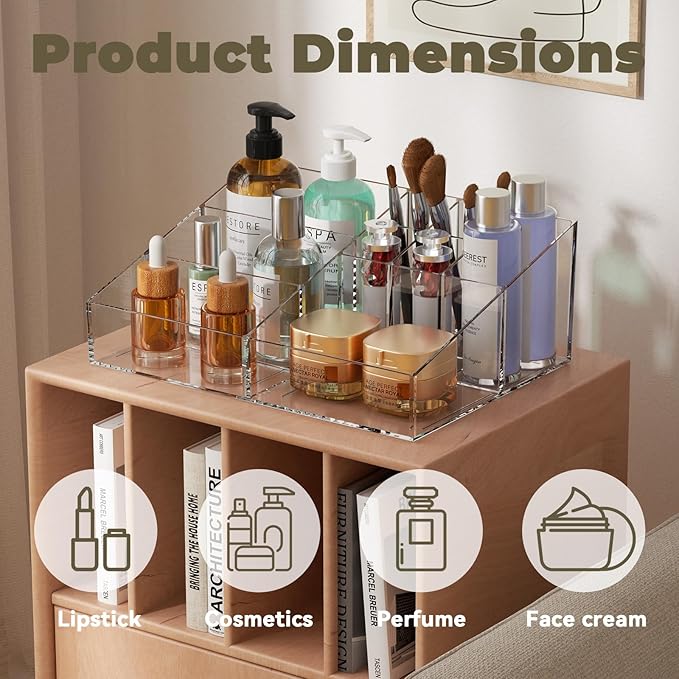 Clear Plastic Countertop Vanity Makeup Organizer, Compact Rectangular 9-Compartment Holder for Brushes, Eyeshadow Palettes, & Beauty Supplies