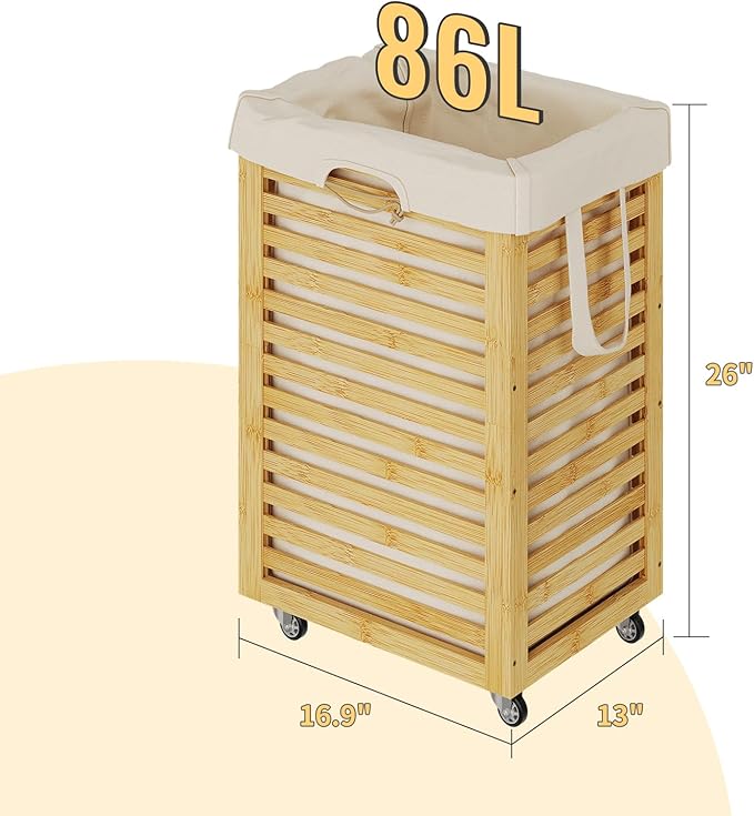 Laundry Hamper with Wheels,Rolling Laundry Basket with Removable Bag,Bamboo Clothes Hampers with Handles for Clothing, Bathroom, Bedroom, Laundry Room (Natural)