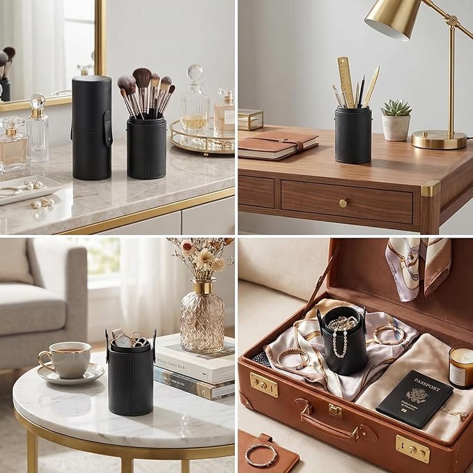 QUUPY Black PU Leather Makeup Brush Holder Organizer with Lid Portable Makeup Tools Large Capacity Case Organizer Cylinder Storage Box Bag(without brush)