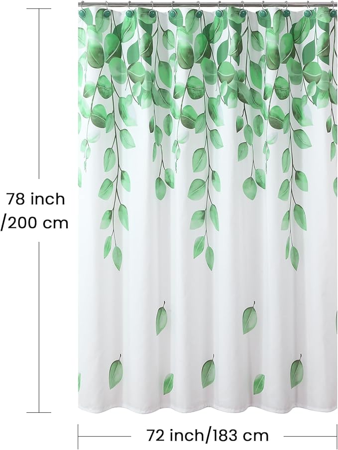 Fabric Shower Curtain 78 Inches Long, Green Watercolor Eucalyptus Leaves Shower Curtain for Bathroom, 72" W x 78" H