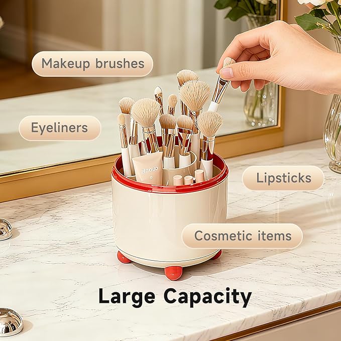Makeup Brush Holder with Lid, Cosmetic Tools Organizer with Cover, 360?? Rotating Sliding Opening Dustproof Brushes Container for Vanity, Ideal Gift for Girlfriend Wife Friends (Red)