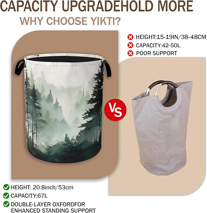 Foggy Forest Mountain Laundry Hamper,Watercolor Tree Clothes Hamper for Laundry,Waterproof Oxford Toy Storage Collapsible Hampers for Bedroom, Dorm Room,Bathroom,16x20 Inch