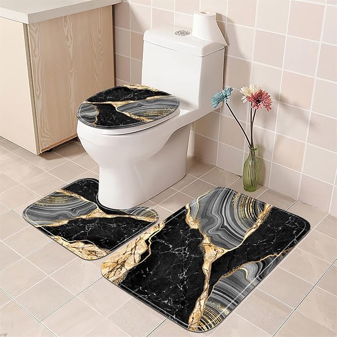 Nkzply 4 Pcs Black Marble Shower Curtain Gold Bathroom Sets with Shower Curtain and Rugs Modern Abstract Grey Shower Curtain Set Bathroom Rug Set Bathroom Decor Accessories with Hooks Toilet Lid Cover