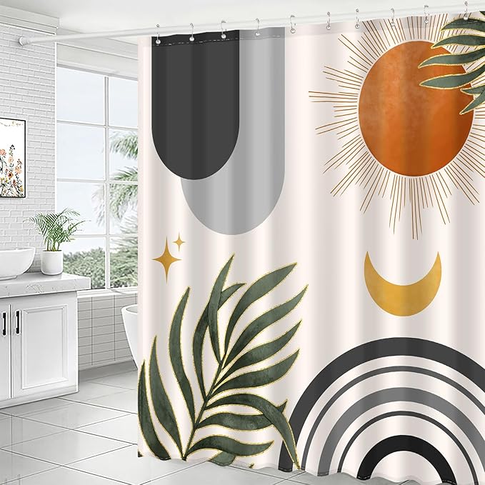 Boho Mid Century Shower Curtain, Bohemian Minimalist Simple Aesthetic Modern Bathroom Decor, Colorful Rainbow Sun Moon Natural Botanical Leaves Fabric Cloth Bath Curtain (Boho Black, 84x72 Inches)