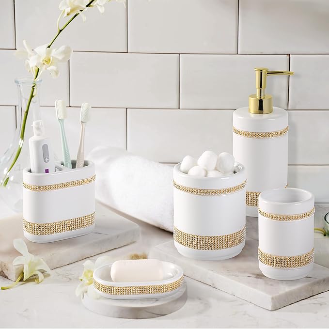 RQYIXI Bathroom Accessories Set with Diamonds 5 Pieces Toothbrush Holder Soap Dispenser Ceramic Bathroom Accessory Set Contain Cotton Swab Jar Toothbrush Cup Soap Dish Tumbler